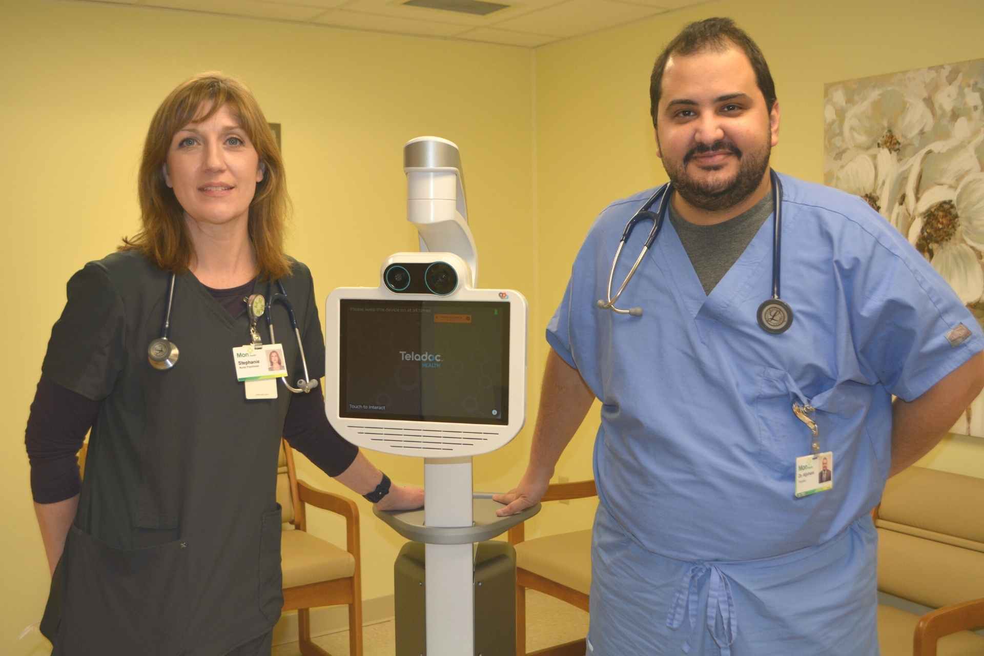 Nurse Practitioner Stephanie Barker and Dr. Sami Aljahoni are pictured above with the new Telemon system for use at Mon Health Stonewall Jackson Memorial Hospital Heart and Vascular Center. The new TeleMon system allows a bedside examination by a cardiologist via the internet when the physician is not physically available.