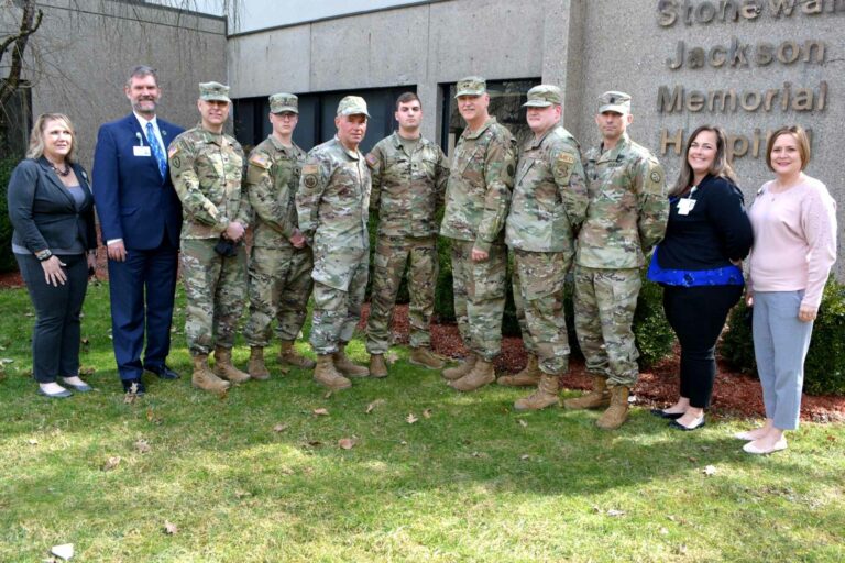 Major General William E. Crane, Adjutant General of the West Virginia National Guard, visited Mon Health Stonewall Jackson Memorial Hospital in Weston on Tuesday, February 28 to thank the Guardsmen assigned to the hospital who assisted staff during the recent COVID-19 surge. Pictured above are members of the SJMH administration and members of the National Guard during that visit.