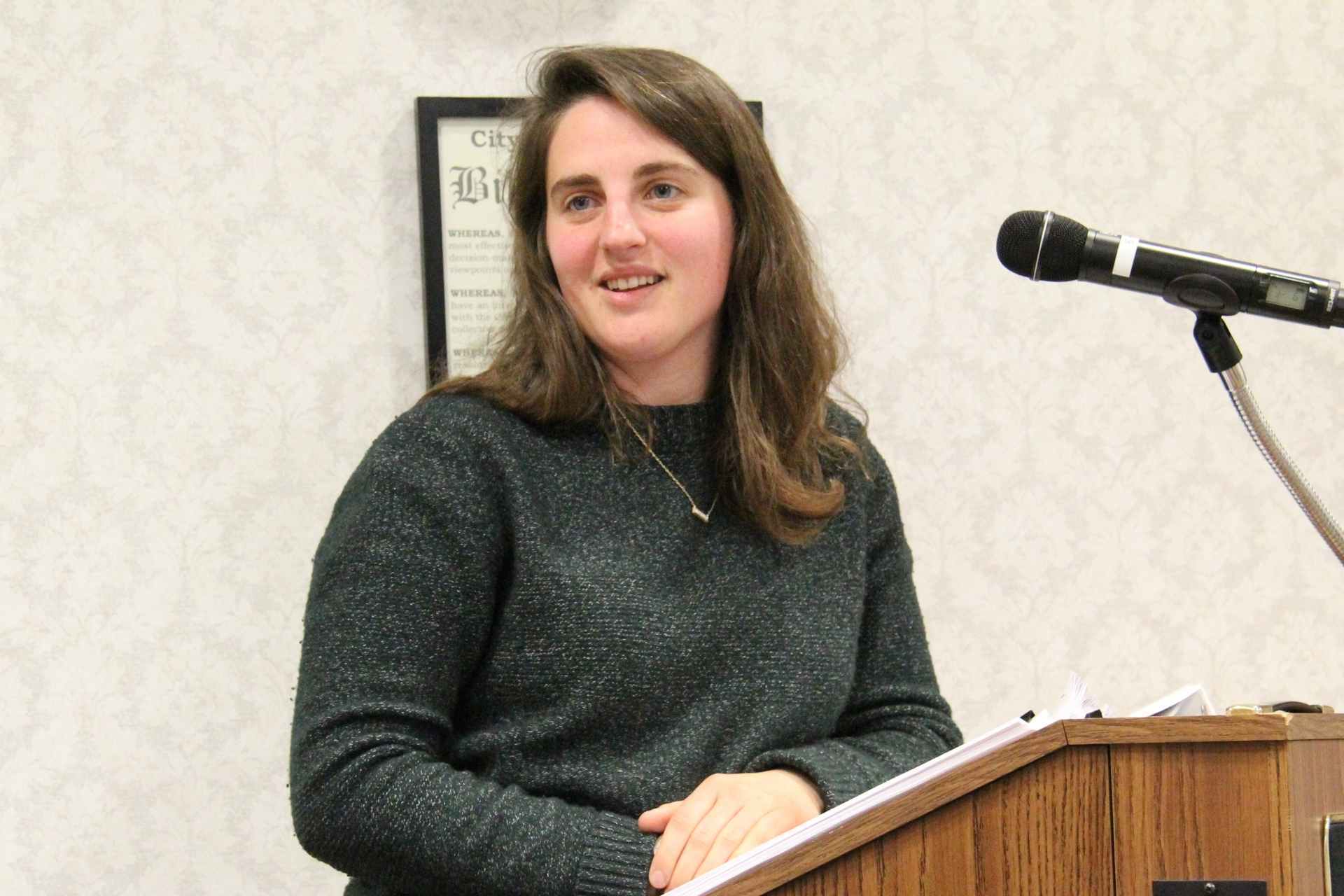 Meredith Dreistadt, from the West Virginia State Historic Preservation Office attended the April 5, Buckhannon Historic Landmarks Commission meeting to discuss ways people can receive assistance for the upkeep of historical structures. / Photo by Monica Zalaznik