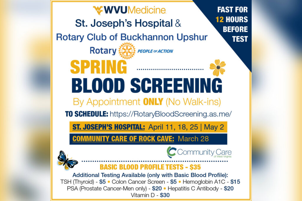 WVU Medicine St. Joseph’s Hospital and Rotary Club to host spring community blood screenings