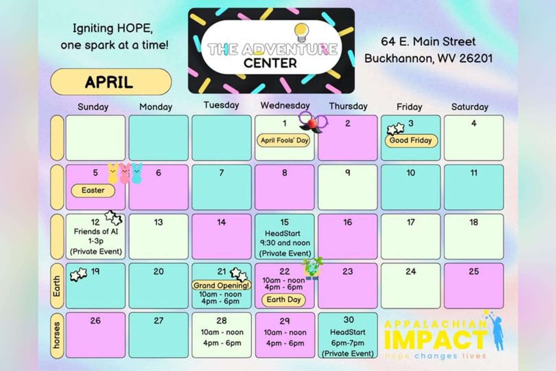 The Adventure Center April calendar