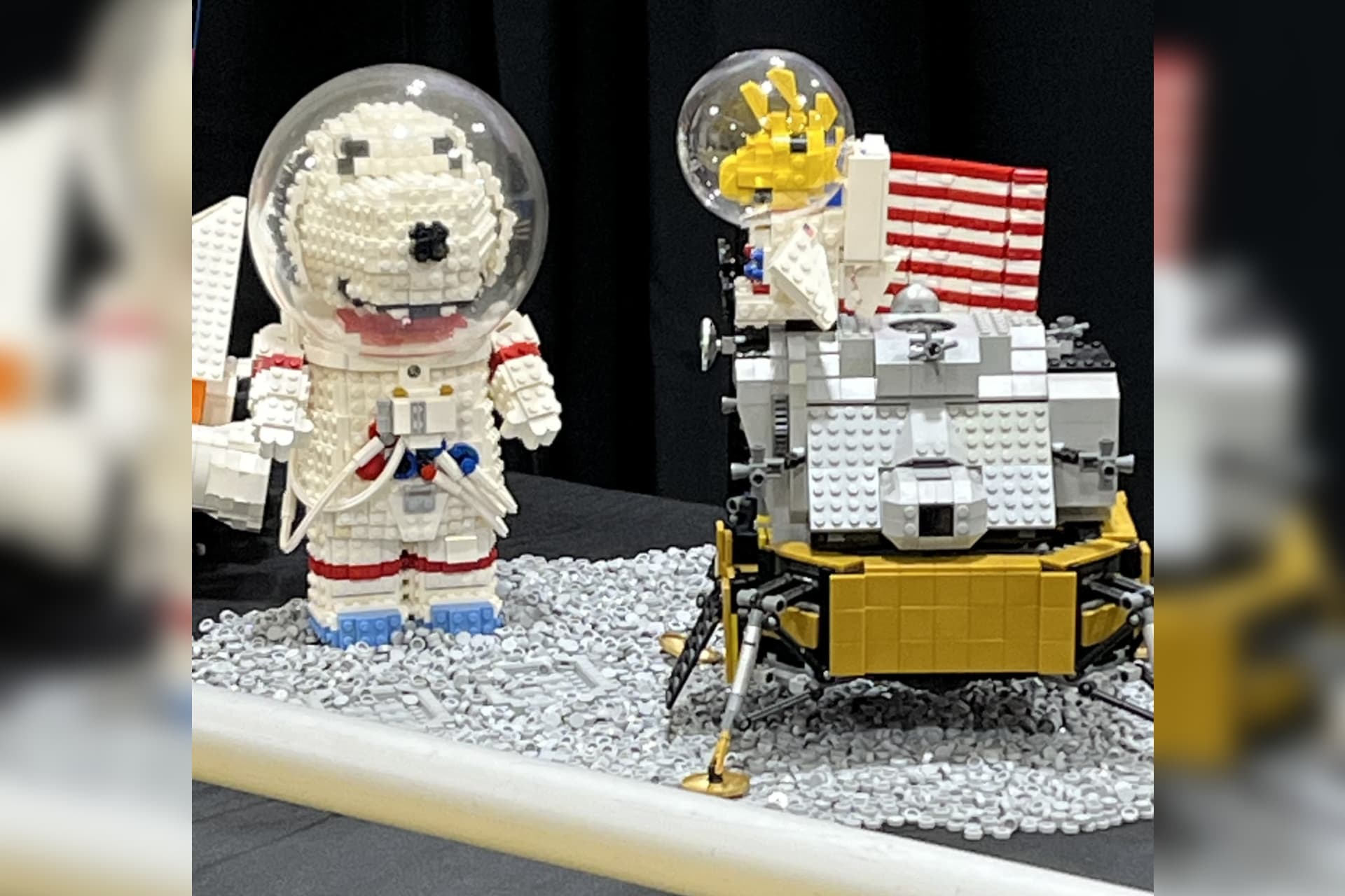Snoopy and Woodstock LEGO astronauts on Chan's lunar lander model