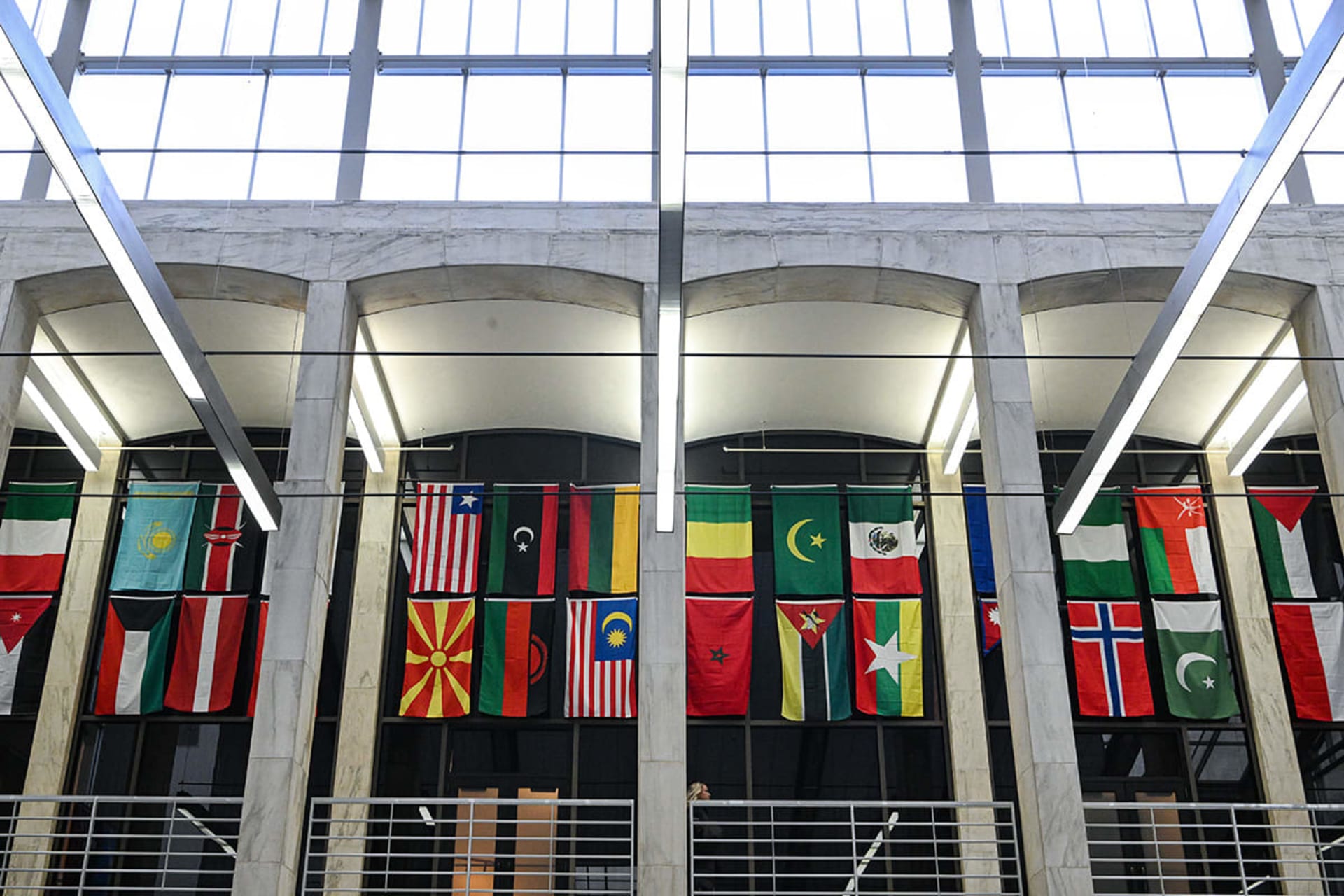 International flags displayed in the Mountainlair reflect the diverse global community at WVU. (WVU Photo)