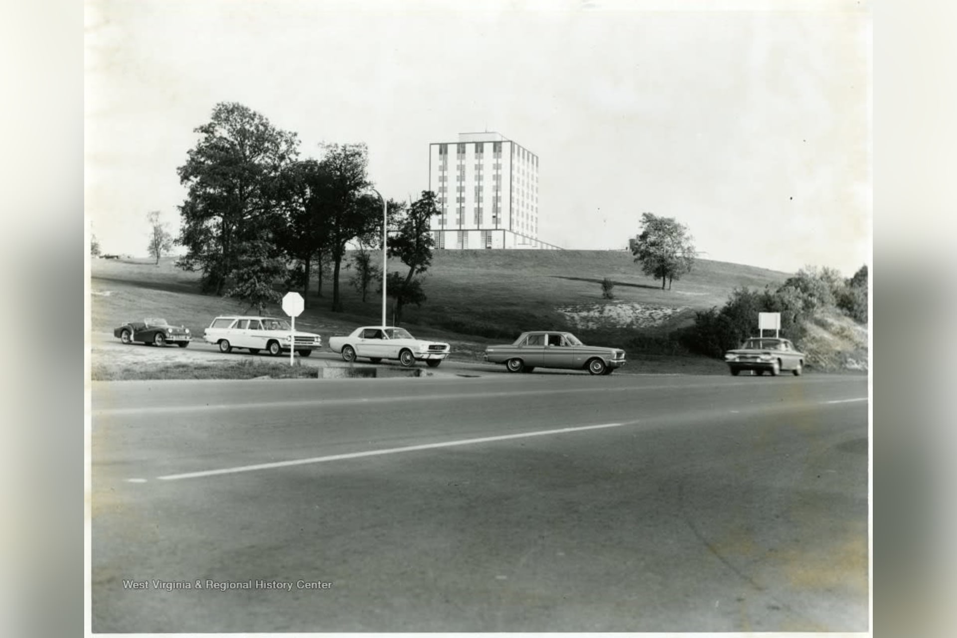 View of the Evansdale area of campus and the Engineering Building around 1965. (West Virginia and Regional History Center Photo)