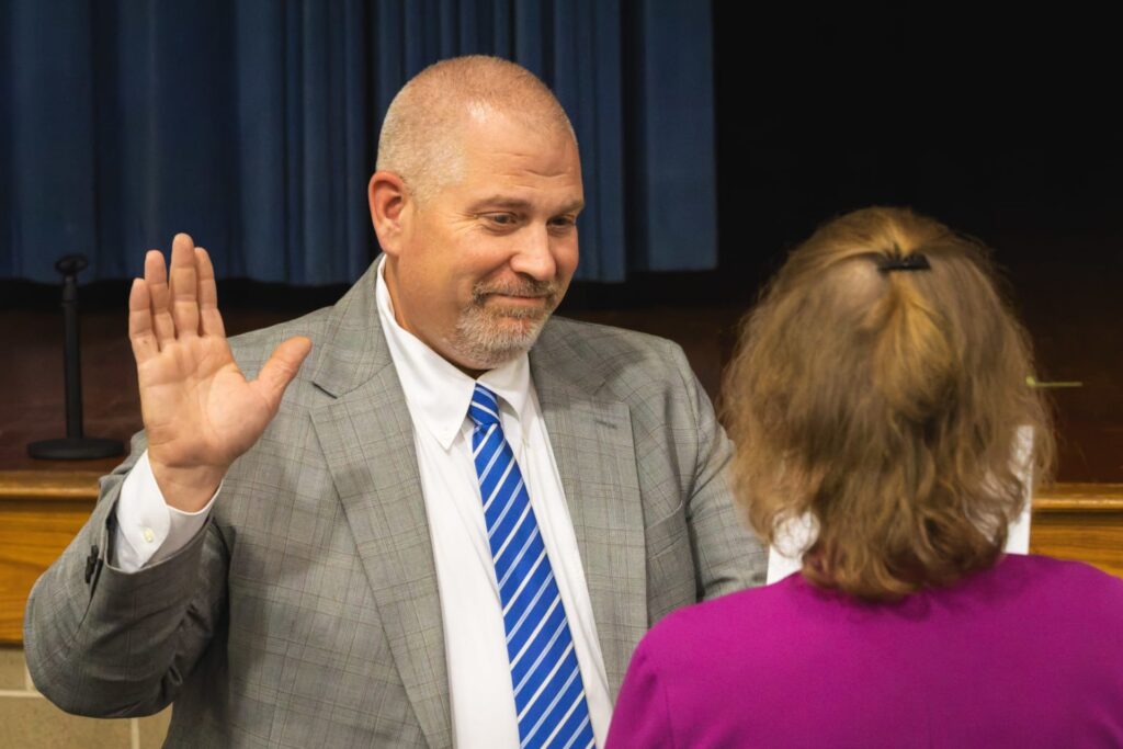 Tim Derico sworn in as superintendent as Christy Miller delivers final State of the Schools address