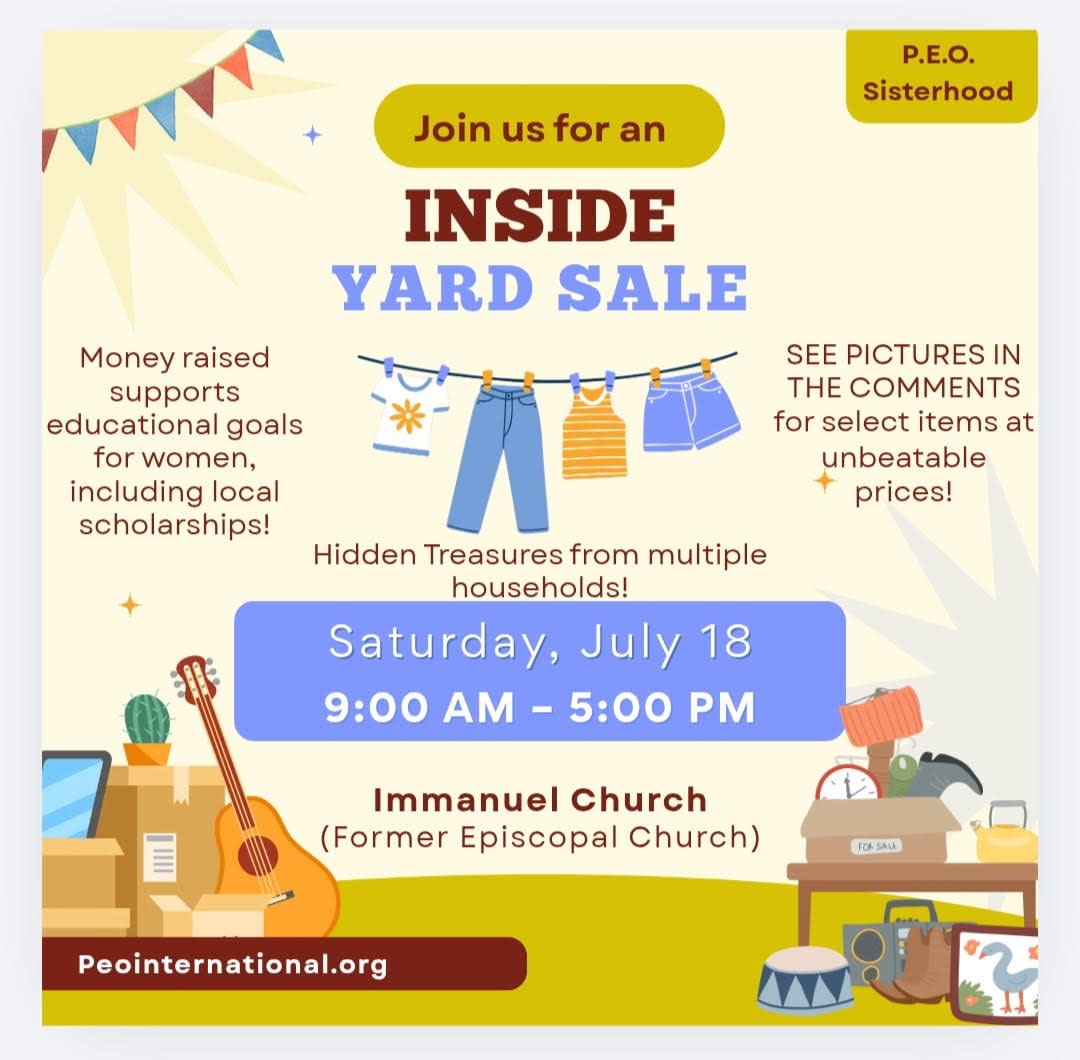 A P.E.O. Sisterhood flyer advertises an indoor yard sale from 9 a.m. to 5 p.m. July 18 at Immanuel Chapel Church.