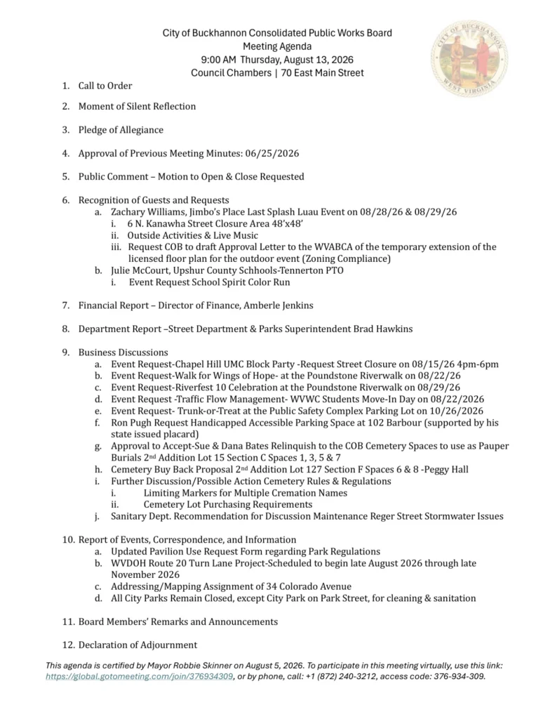 Buckhannon Consolidated Public Works Board meeting agenda for August 13, 2026, page 1