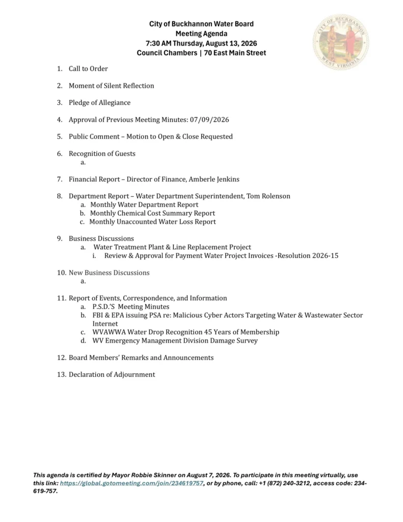 Buckhannon Water Board meeting agenda for August 13, 2026, page 1