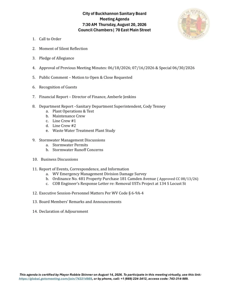 Buckhannon Sanitary Board meeting agenda for August 20, 2026, page 1