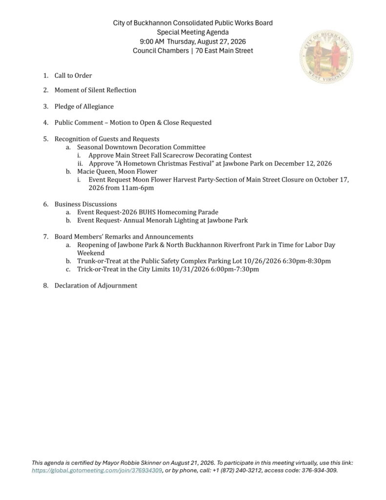 Buckhannon Consolidated Public Works Board special meeting agenda for August 27, 2026, page 1