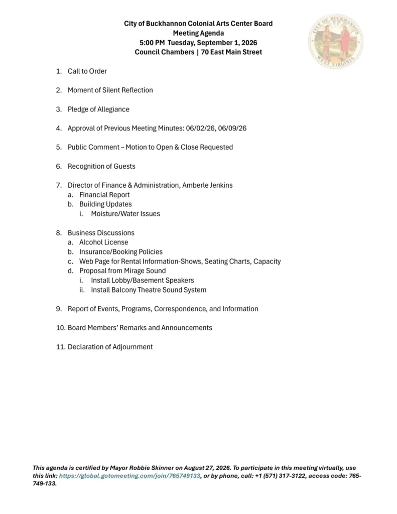 Buckhannon Colonial Arts Center Board meeting agenda for September 1, 2026, page 1