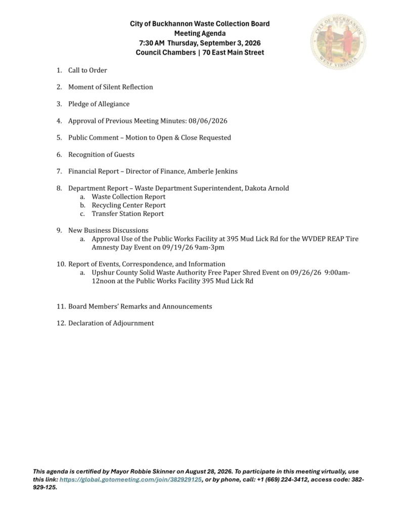 Buckhannon Waste Collection Board meeting agenda for September 3, 2026, page 1