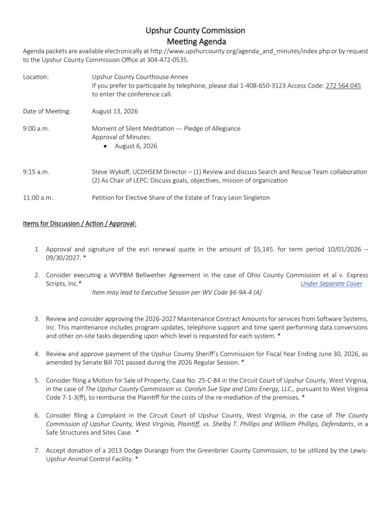 Upshur County Commission meeting agenda for August 13, 2026, page 1