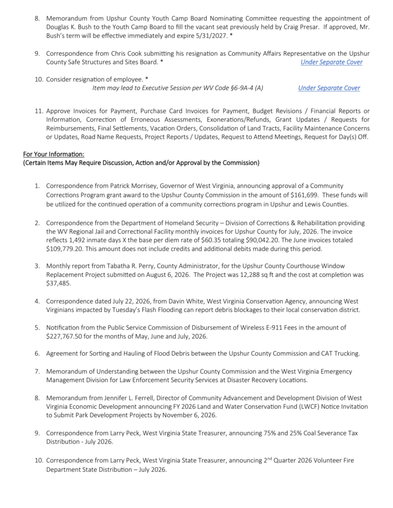 Upshur County Commission meeting agenda for August 13, 2026, page 2