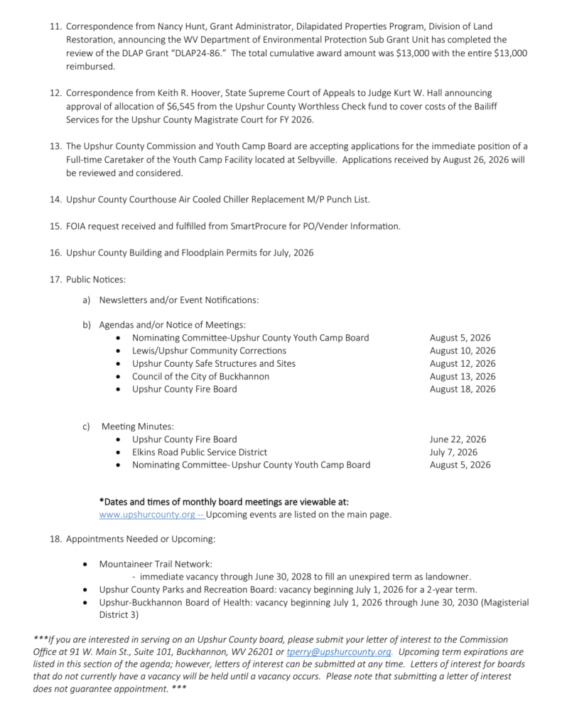 Upshur County Commission meeting agenda for August 13, 2026, page 3