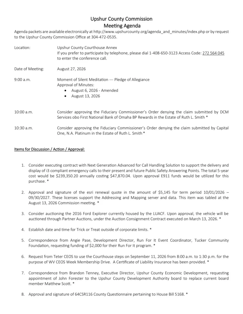 Upshur County Commission meeting agenda for August 27, 2026, page 1