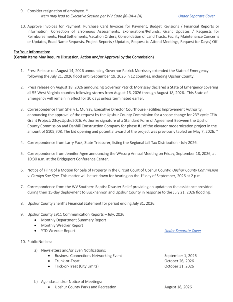 Upshur County Commission meeting agenda for August 27, 2026, page 2