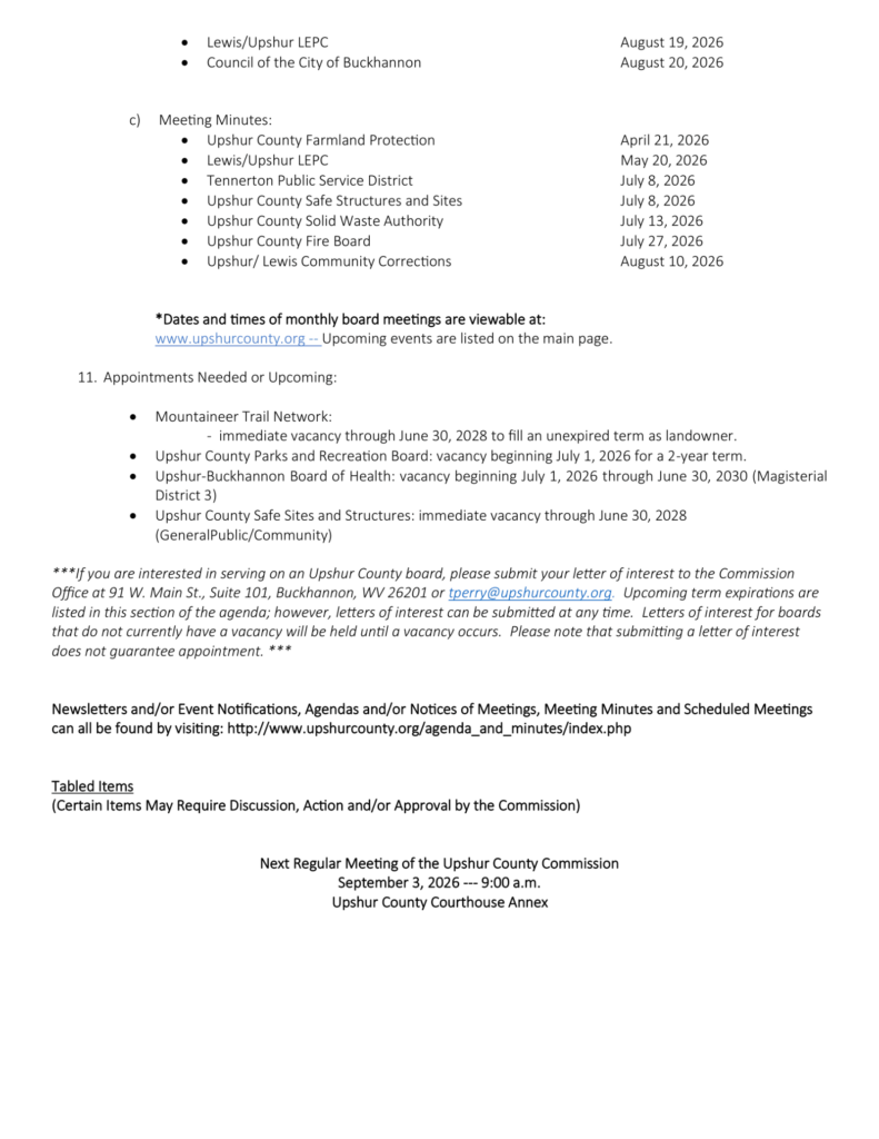 Upshur County Commission meeting agenda for August 27, 2026, page 3