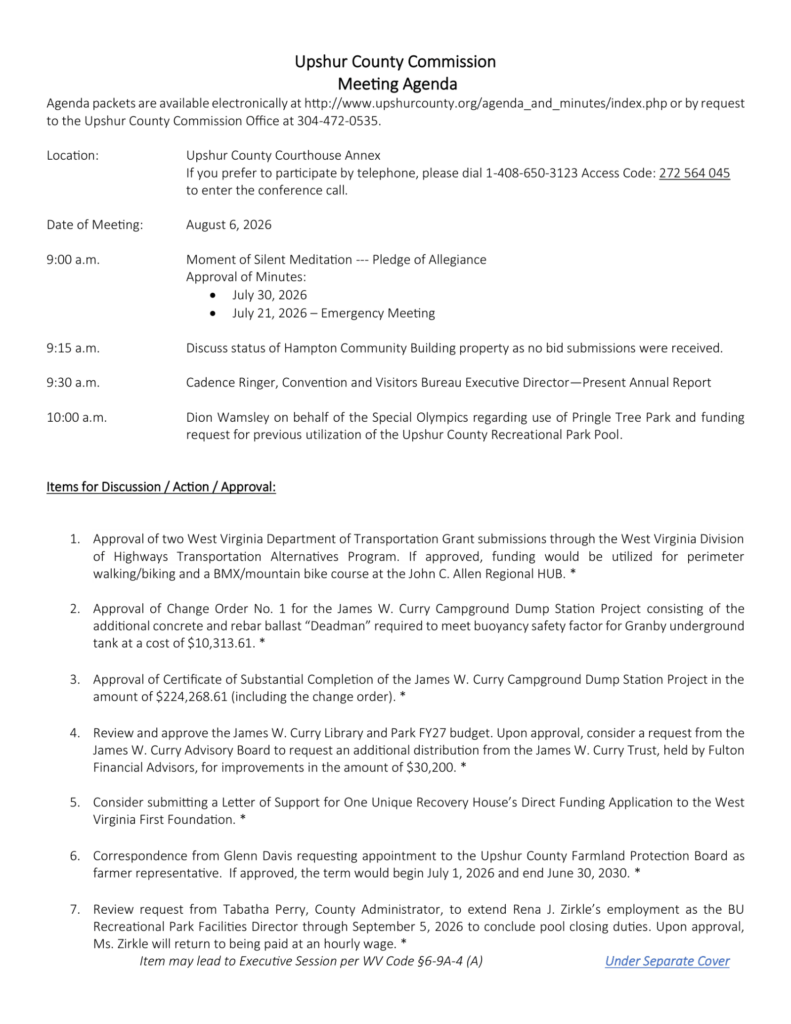 Upshur County Commission meeting agenda for August 6, 2026, page 1