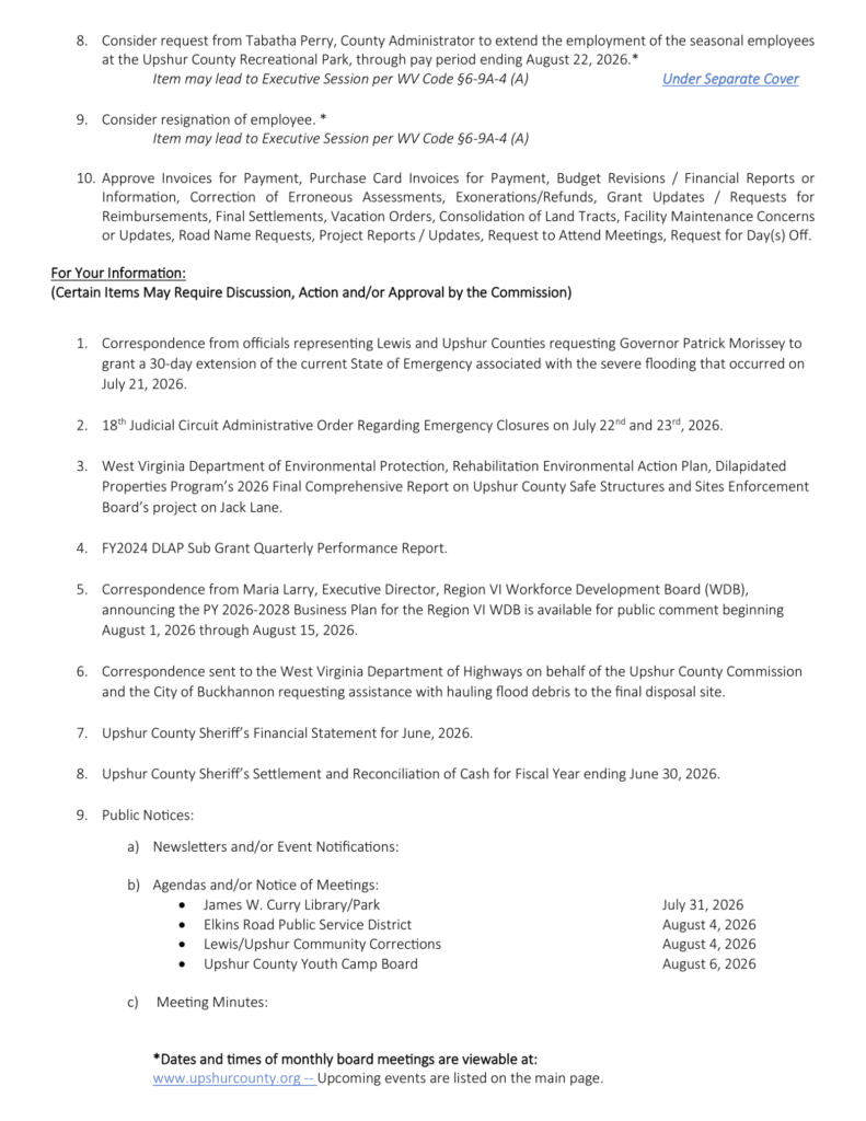 Upshur County Commission meeting agenda for August 6, 2026, page 2