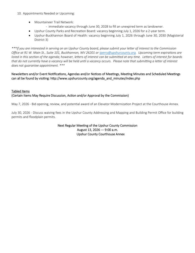 Upshur County Commission meeting agenda for August 6, 2026, page 3