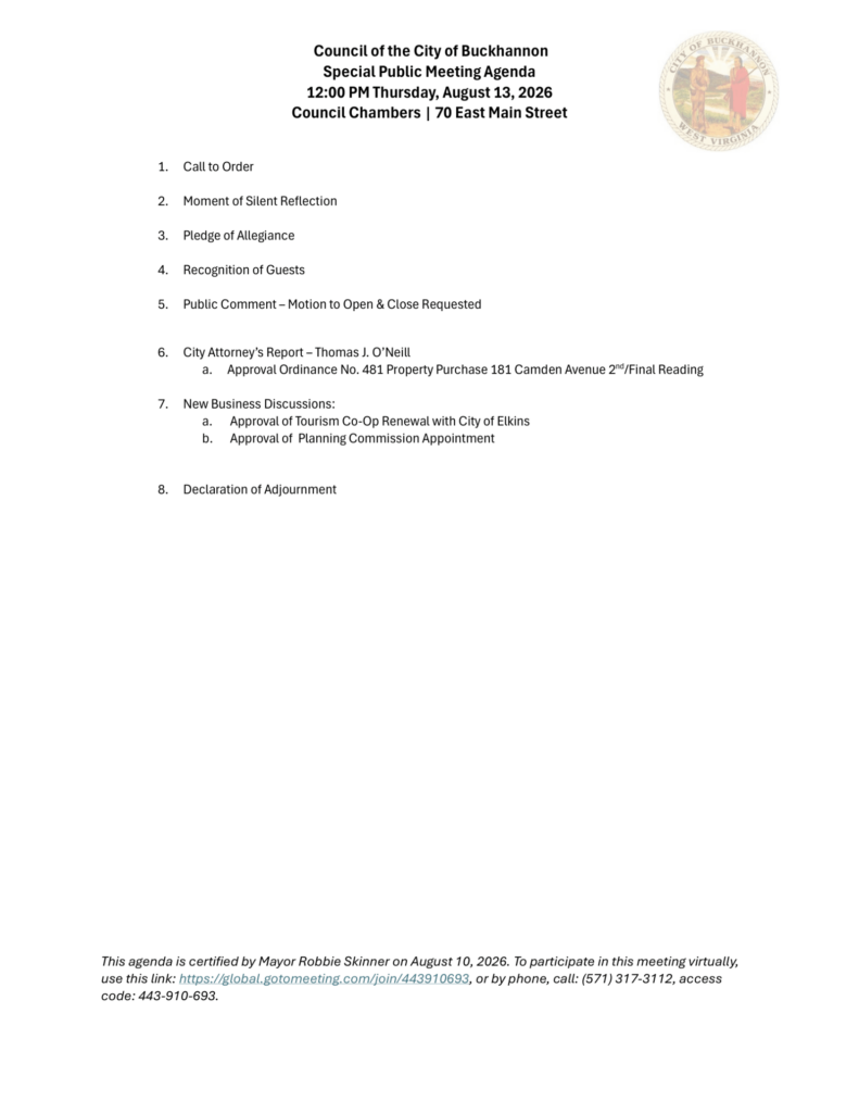 Buckhannon City Council special meeting agenda for August 13, 2026, page 1