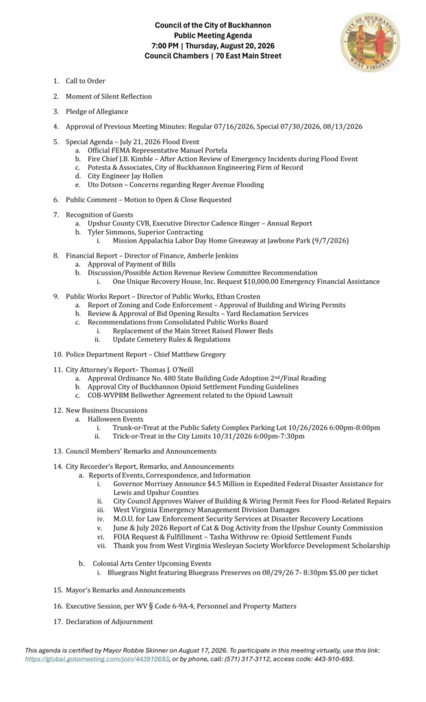Buckhannon City Council meeting agenda for August 20, 2026, page 1