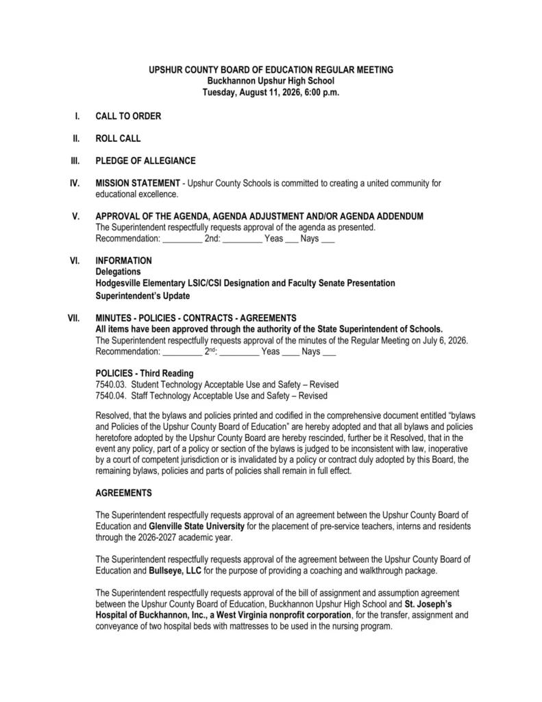 Upshur County Board of Education meeting agenda for August 11, 2026, page 1