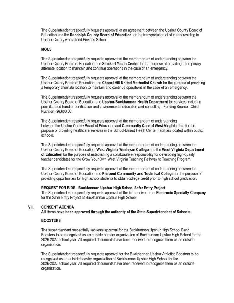 Upshur County Board of Education meeting agenda for August 11, 2026, page 2