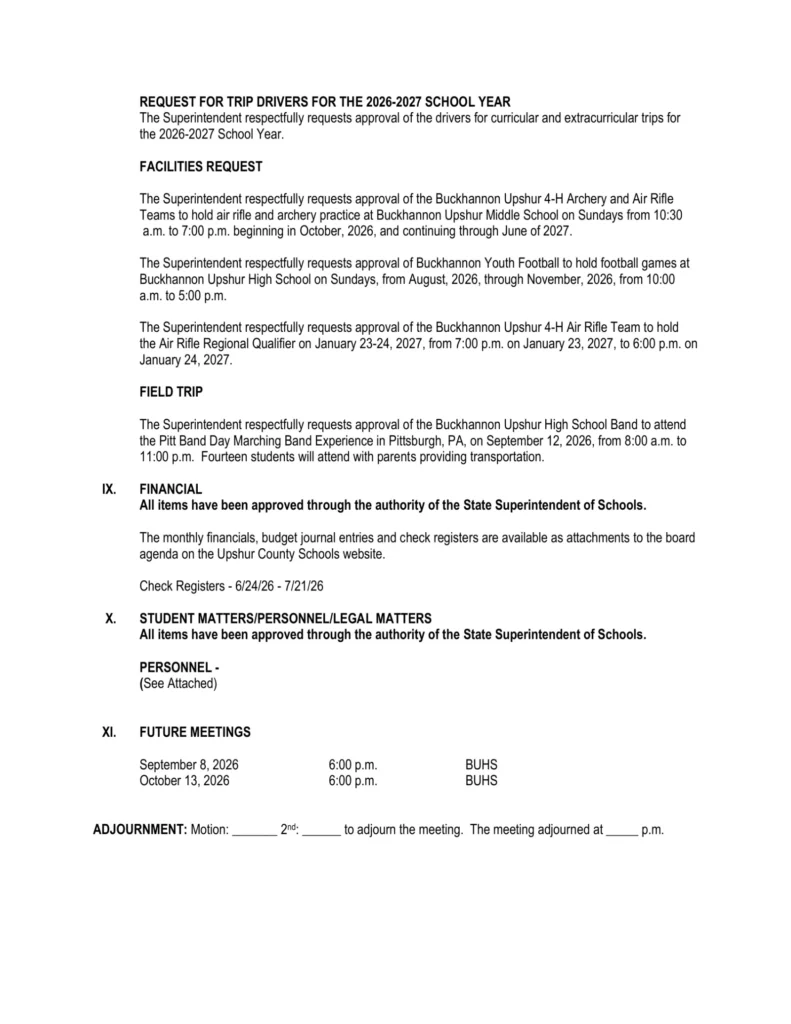 Upshur County Board of Education meeting agenda for August 11, 2026, page 3