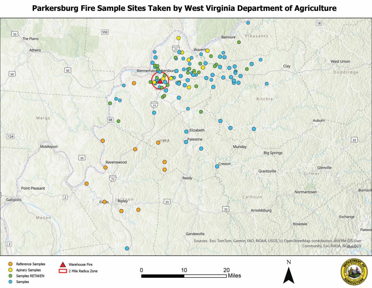 Map of Parkersburg-area sample sites collected by the West Virginia Department of Agriculture, showing reference samples, apiary samples, retaken samples and the two-mile radius zone around the warehouse fire