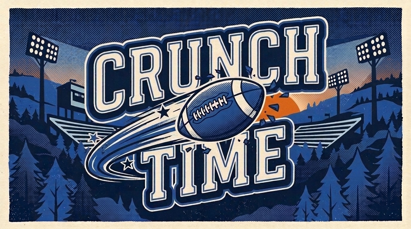 Carpenter's Crunch Time — retro football poster in buccaneer blue with an orange setting sun: a football bursting through bold CRUNCH TIME varsity lettering over a small-town stadium