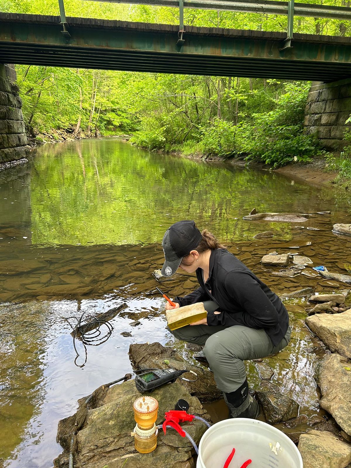 Sarah Nelson collects a water sample in a creek. (Photo supplied by Sarah Nelson)