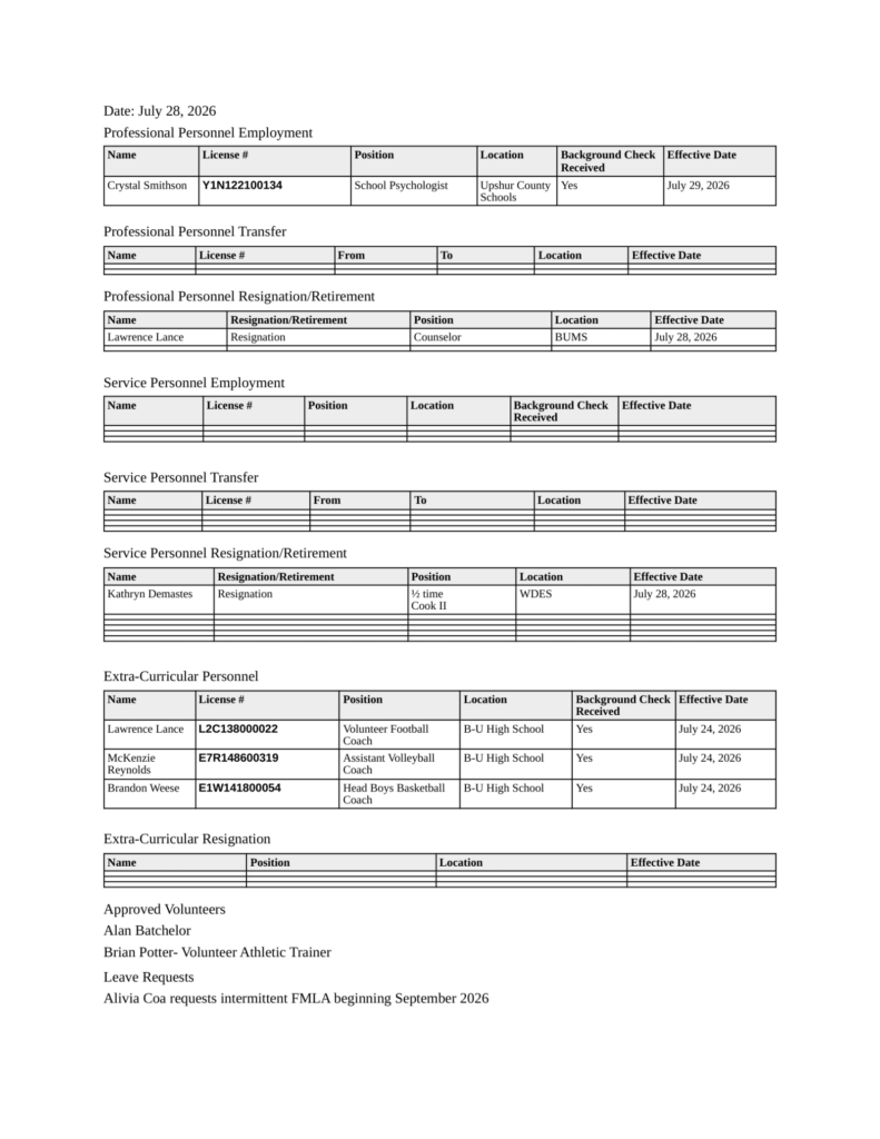 Upshur County Board of Education meeting agenda for August 11, 2026, page 8