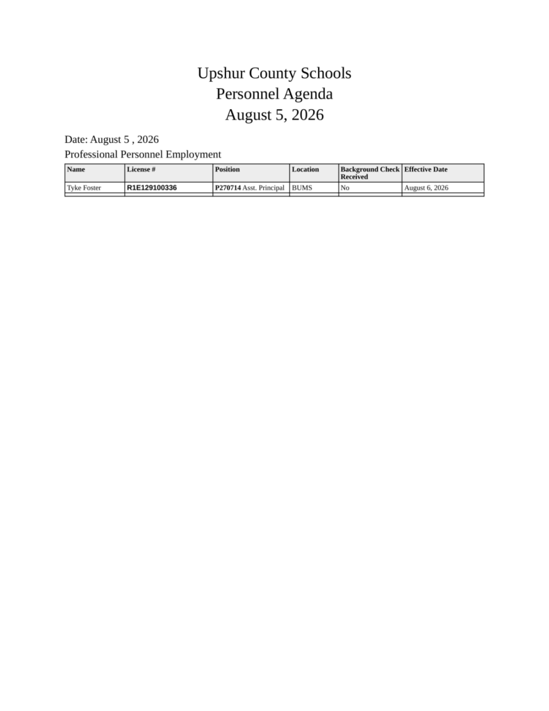 Upshur County Board of Education meeting agenda for August 11, 2026, page 10