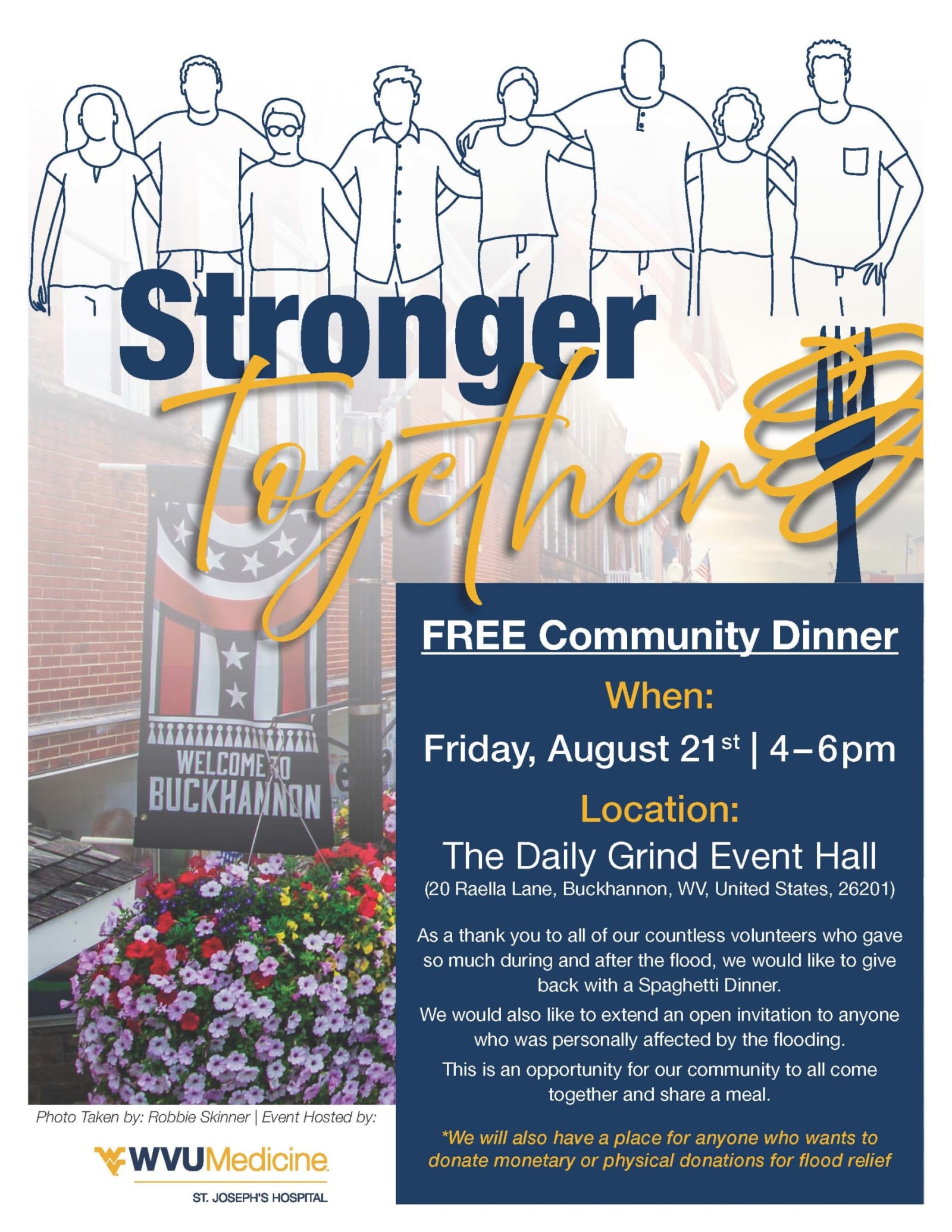 Flyer for the Stronger Together free community dinner hosted by WVU Medicine St. Joseph’s Hospital on August 21 at The Daily Grind Event Hall.