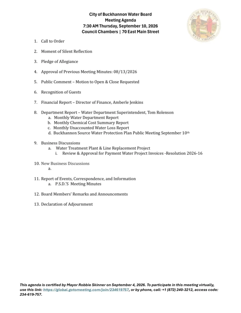 Buckhannon Water Board meeting agenda for September 10, 2026, page 1