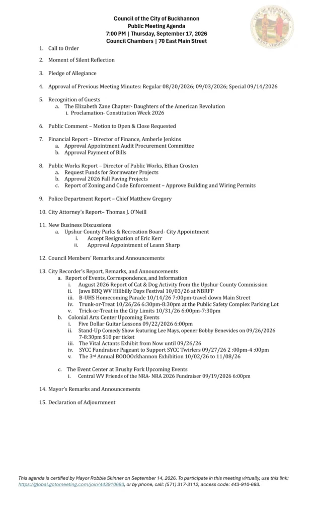 Buckhannon City Council meeting agenda for September 17, 2026, page 1