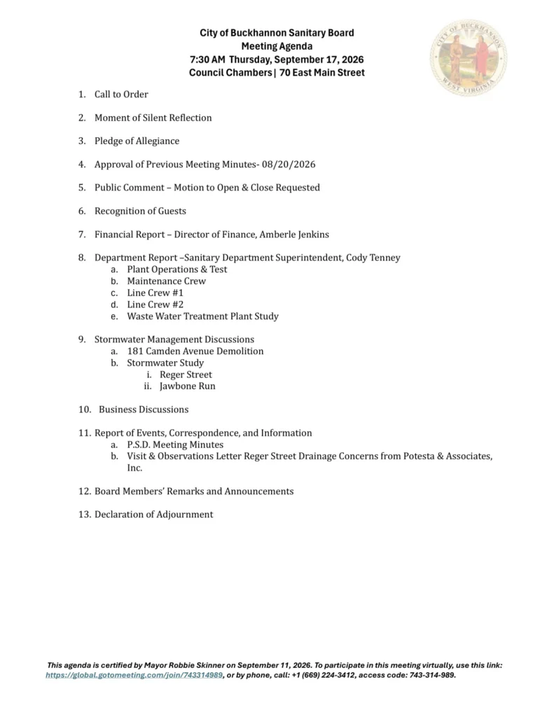 Buckhannon Sanitary Board meeting agenda for September 17, 2026, page 1