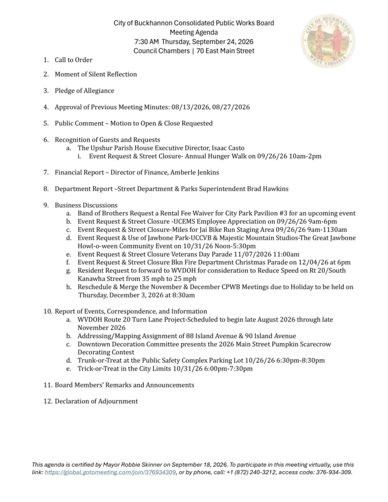 Buckhannon Consolidated Public Works Board meeting agenda for September 24, 2026, page 1