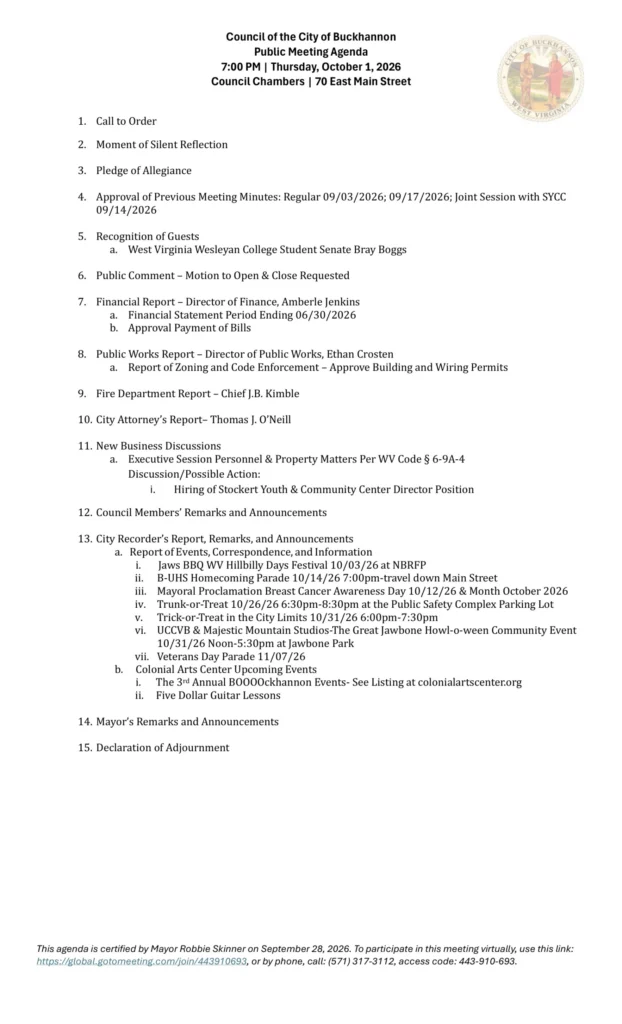 Buckhannon City Council meeting agenda for October 1, 2026, page 1