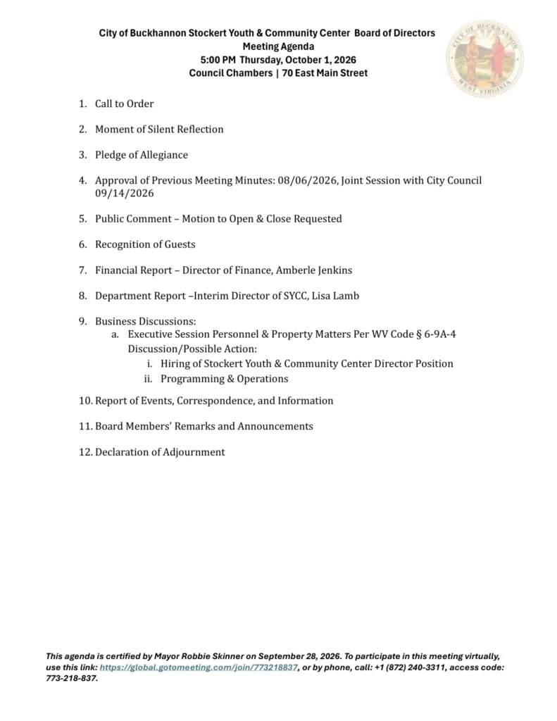 Stockert Youth and Community Center Board meeting agenda for October 1, 2026, page 1