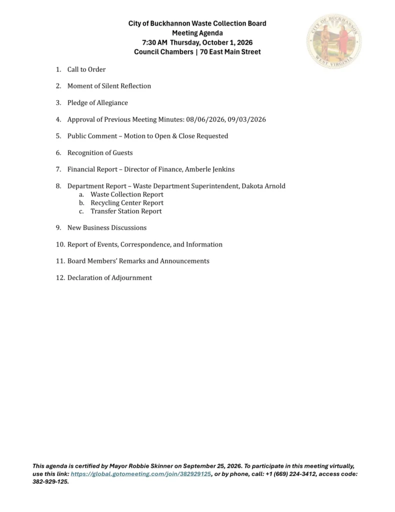 Buckhannon Waste Collection Board meeting agenda for October 1, 2026, page 1