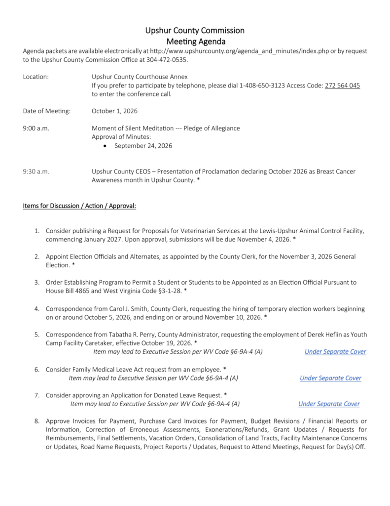 Upshur County Commission meeting agenda for October 1, 2026, page 1