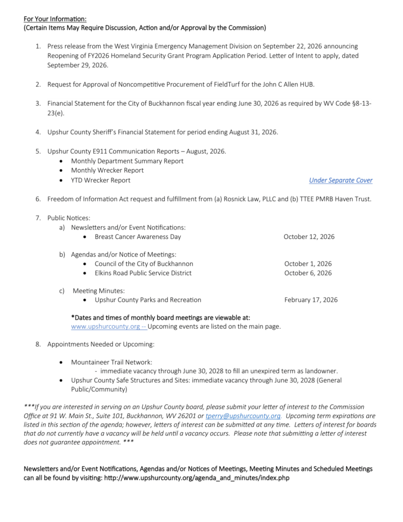 Upshur County Commission meeting agenda for October 1, 2026, page 2