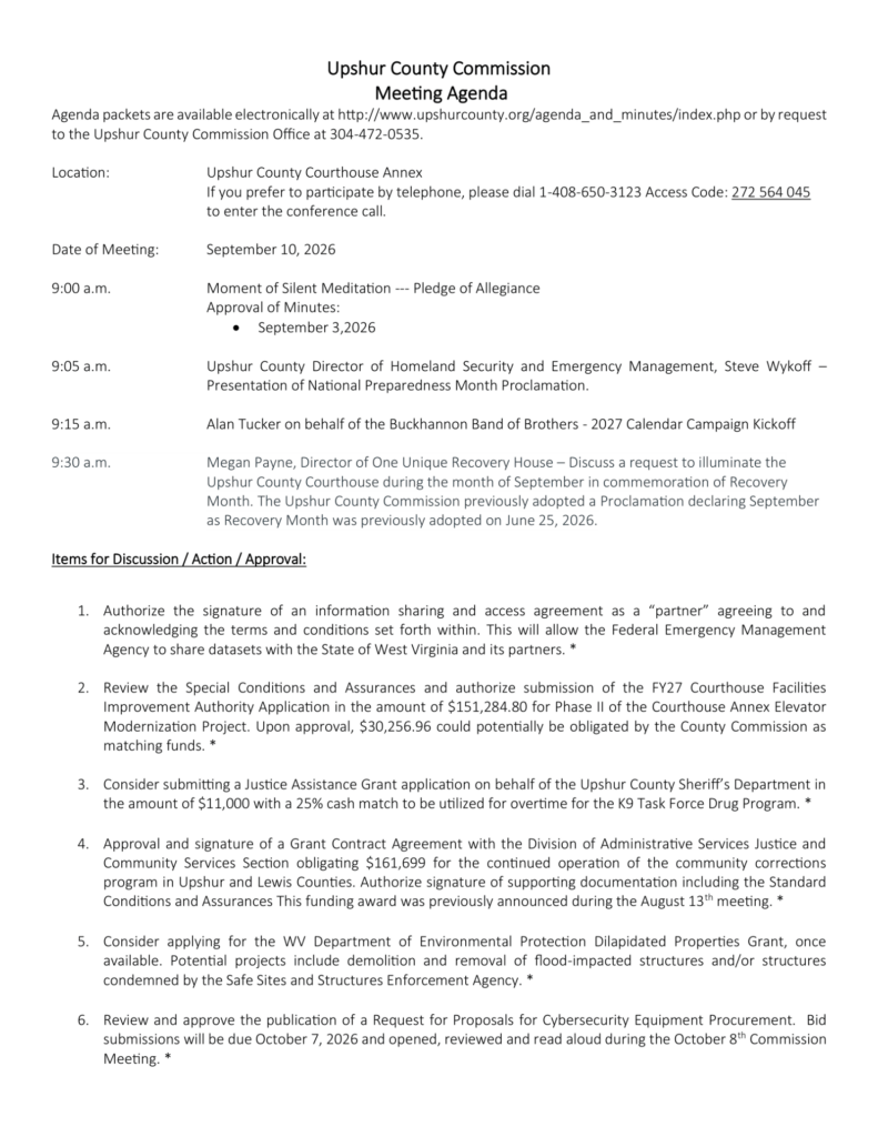 Upshur County Commission meeting agenda for September 10, 2026, page 1
