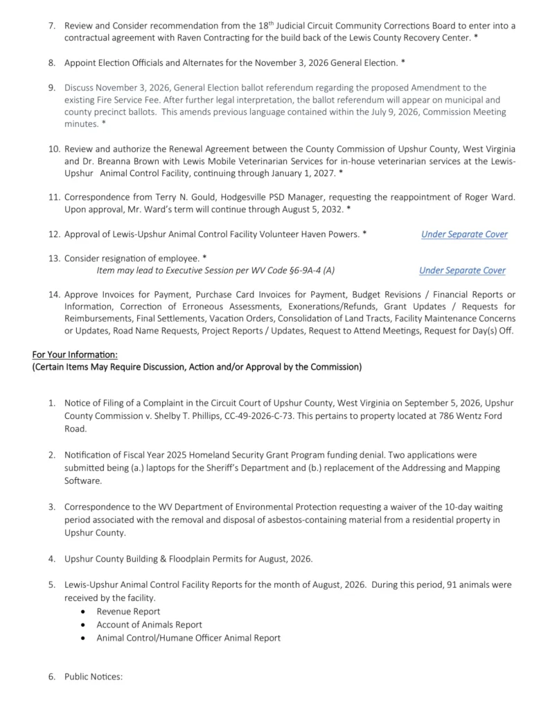 Upshur County Commission meeting agenda for September 10, 2026, page 2