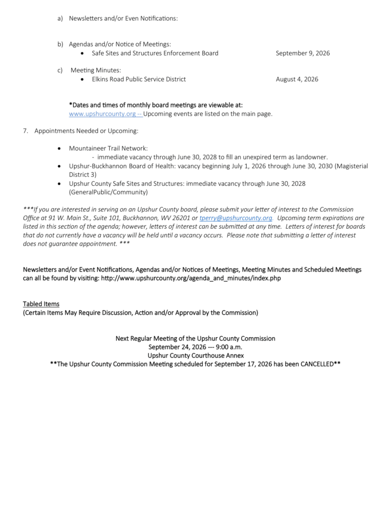 Upshur County Commission meeting agenda for September 10, 2026, page 3