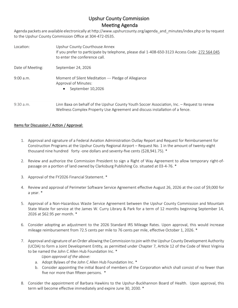 Upshur County Commission meeting agenda for September 24, 2026, page 1
