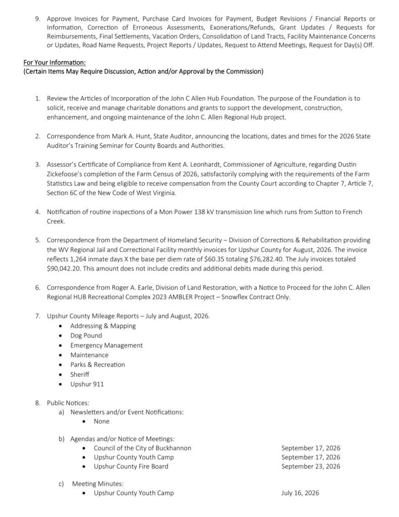 Upshur County Commission meeting agenda for September 24, 2026, page 2